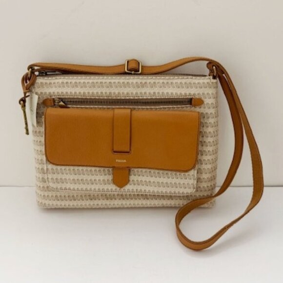 Fossil Kinley Crossbody Bag Purse Canvas Leather Off-White & Tan - Picture 1 of 9
